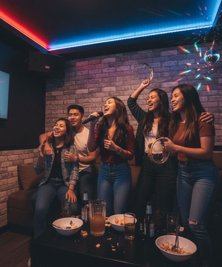 AI generated image of a group of Filipinos karaoke singing